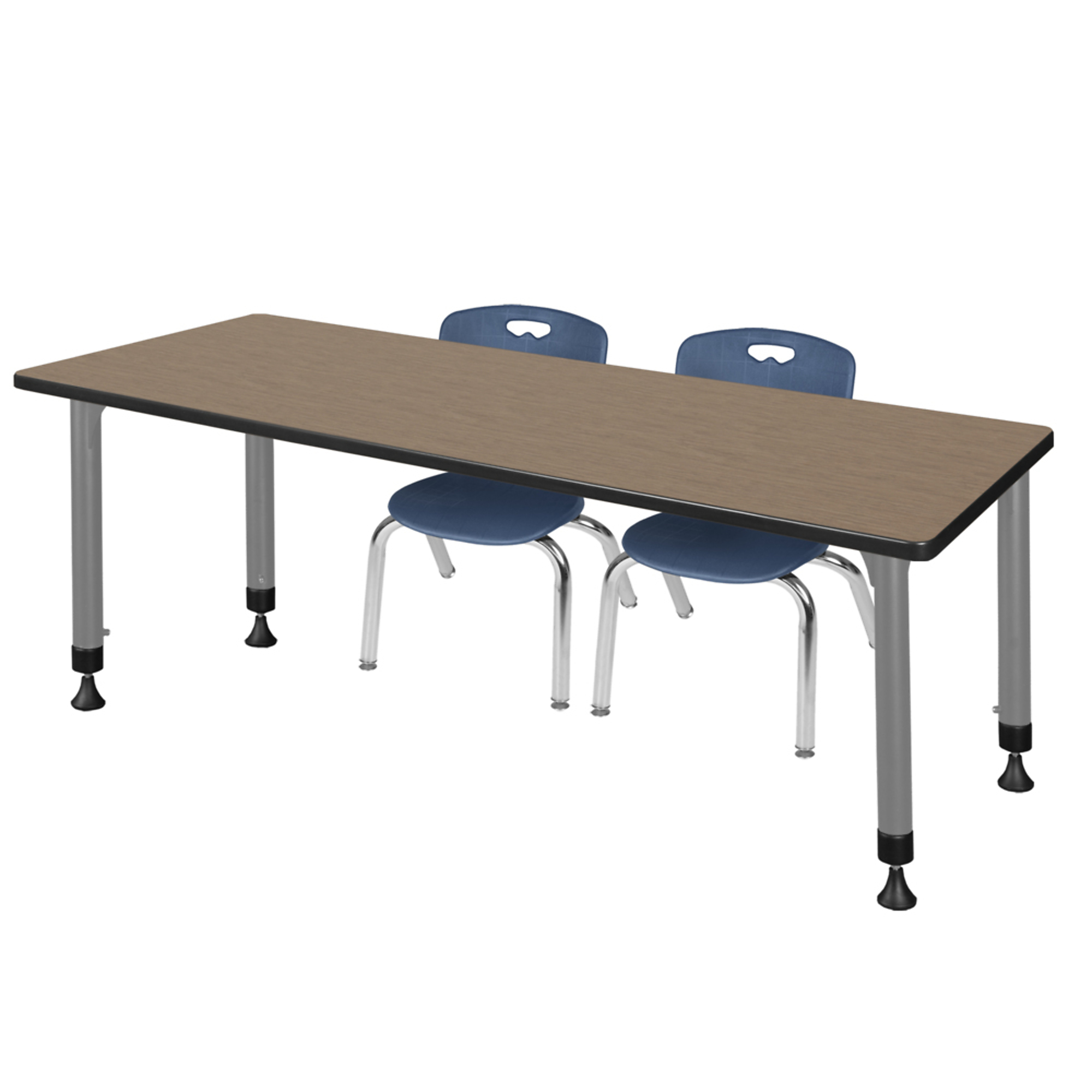 Regency Kee Adjustable Classroom Table Set — 66in. x 24in., Noble Oak Top, Grey Base, Includes 2 Navy Blue 12in. Stack Chairs, Model# MT6624NOAPGY45NV